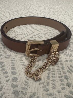 Michael Kors Brown Leather Belt with Gold Chain and Padlock Charm